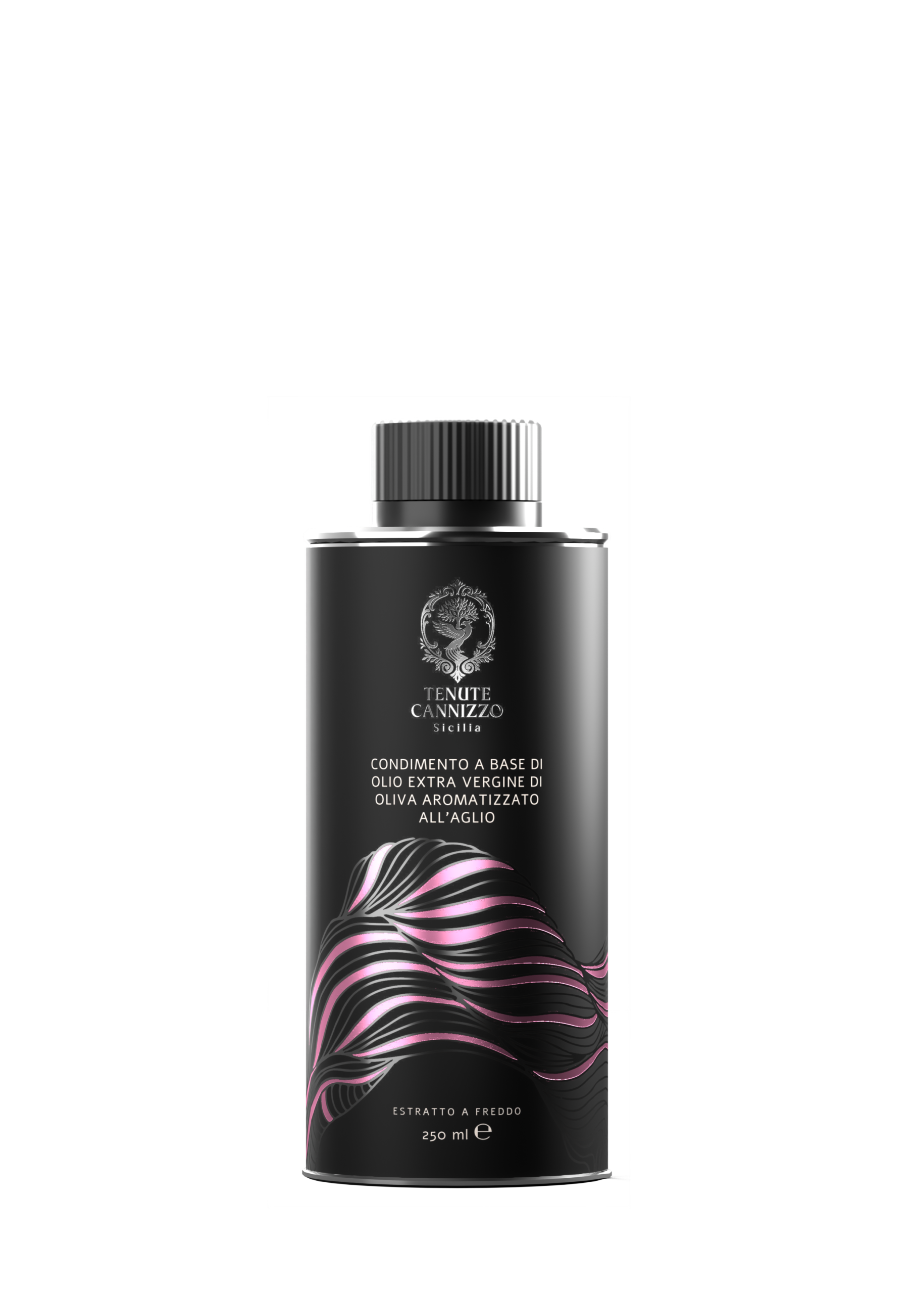 Bottiglia da 250 ml di condimento a base di olio extravergine di oliva aromatizzato all’aglio Tenute Cannizzo.