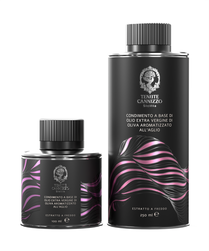 Lattine da 10 cl e 25 cl di condimento a base di olio extravergine di oliva aromatizzato all’aglio Tenute Cannizzo.