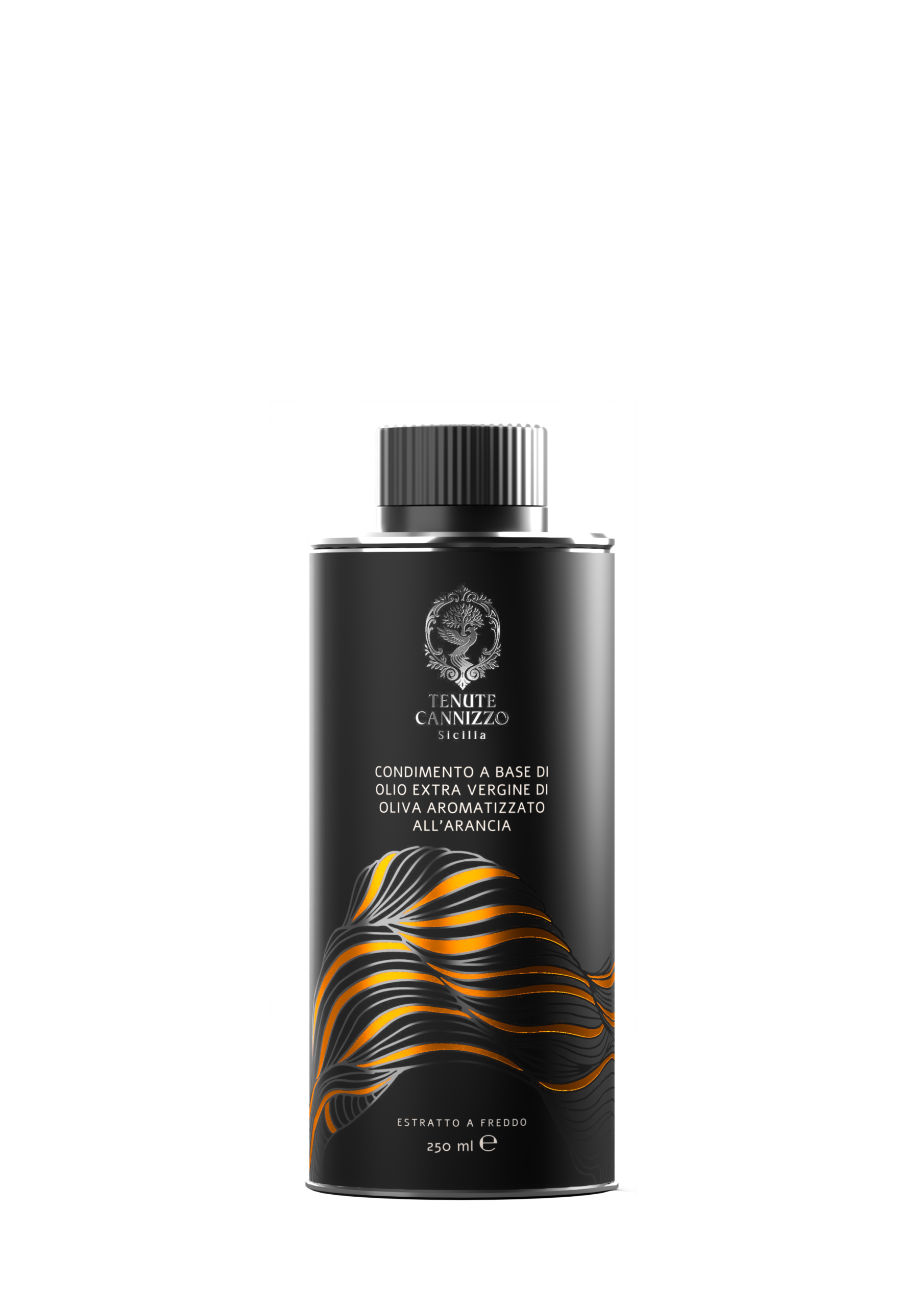 Bottiglia da 250 ml di condimento a base di olio extravergine di oliva aromatizzato all’arancia Tenute Cannizzo.