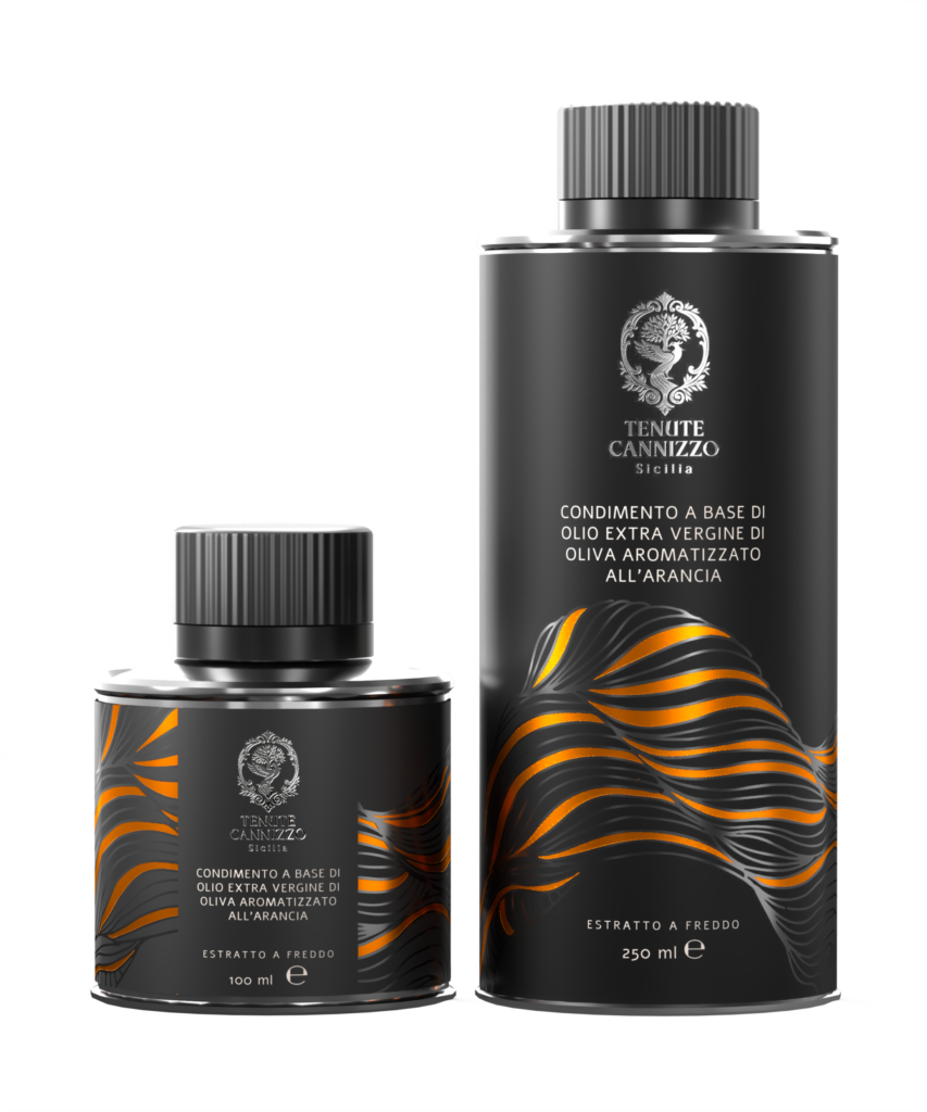 Lattine da 10 cl e 25 cl di condimento a base di olio extravergine di oliva aromatizzato all’arancia Tenute Cannizzo.