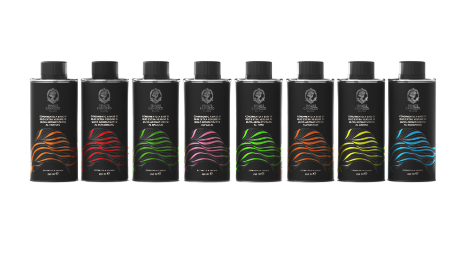Collezione di otto oli aromatizzati Tenute Cannizzo da 250 ml con gusti tartufo, peperoncino, aglio, basilico, timo, arancia, limone e rosmarino.