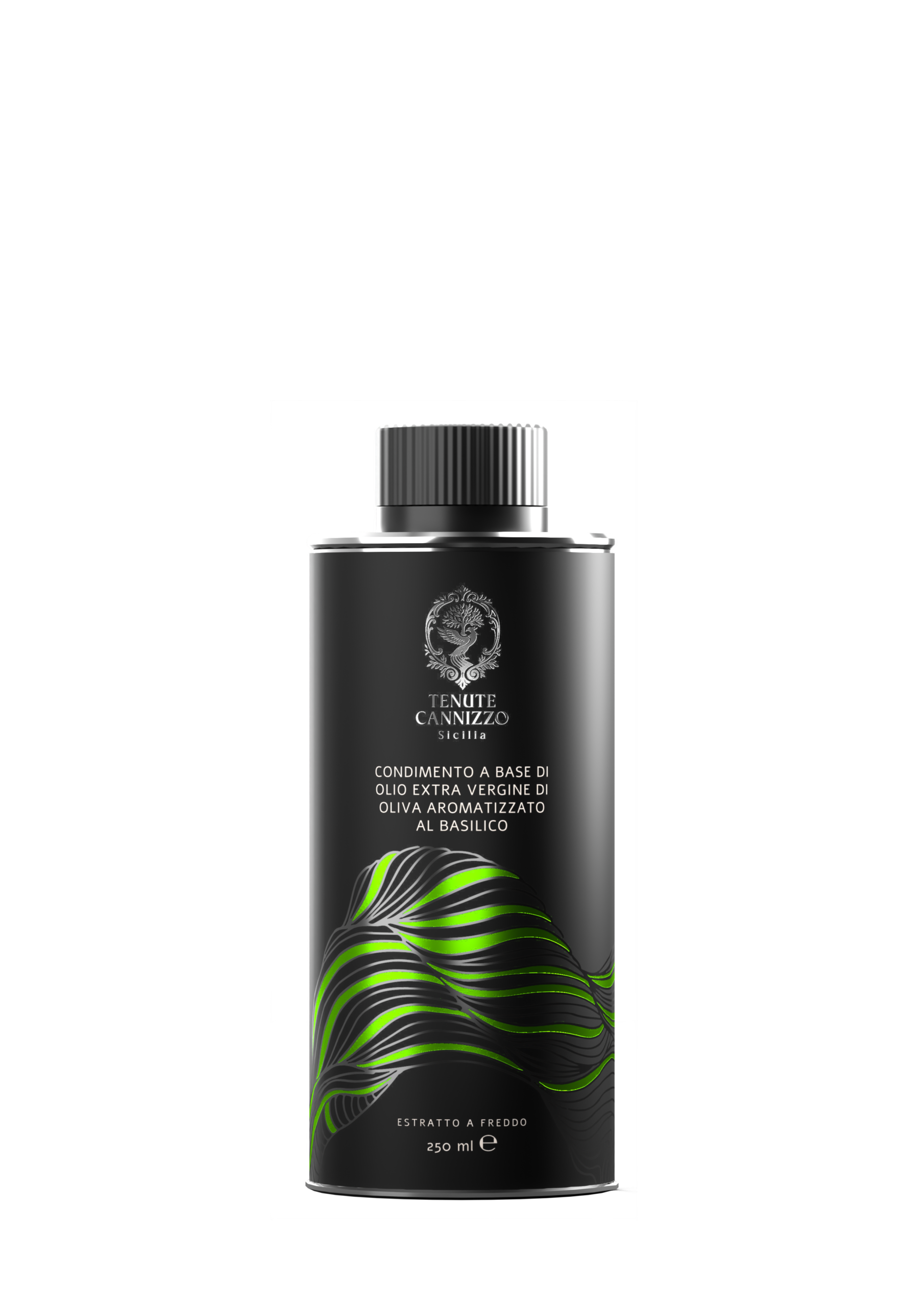 Bottiglia da 250 ml di condimento a base di olio extravergine di oliva aromatizzato al basilico Tenute Cannizzo.