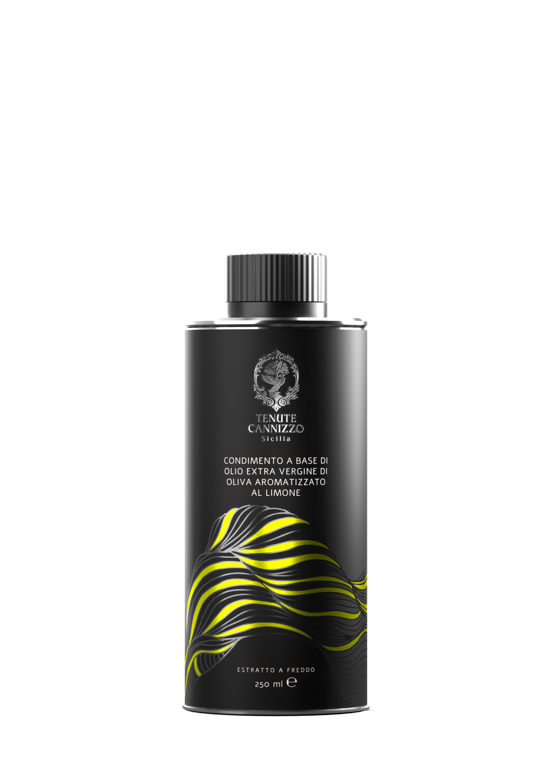Bottiglia da 250 ml di condimento a base di olio extravergine di oliva aromatizzato al limone Tenute Cannizzo.