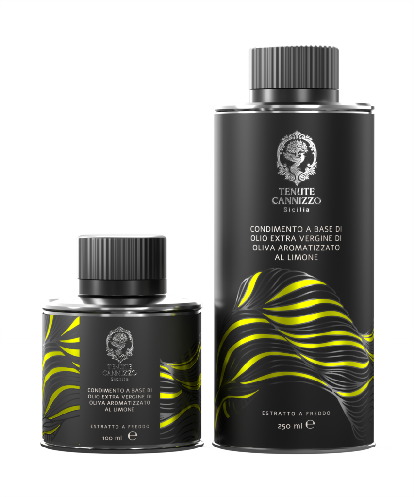 Lattine da 10 cl e 25 cl di condimento a base di olio extravergine di oliva aromatizzato al limone Tenute Cannizzo.