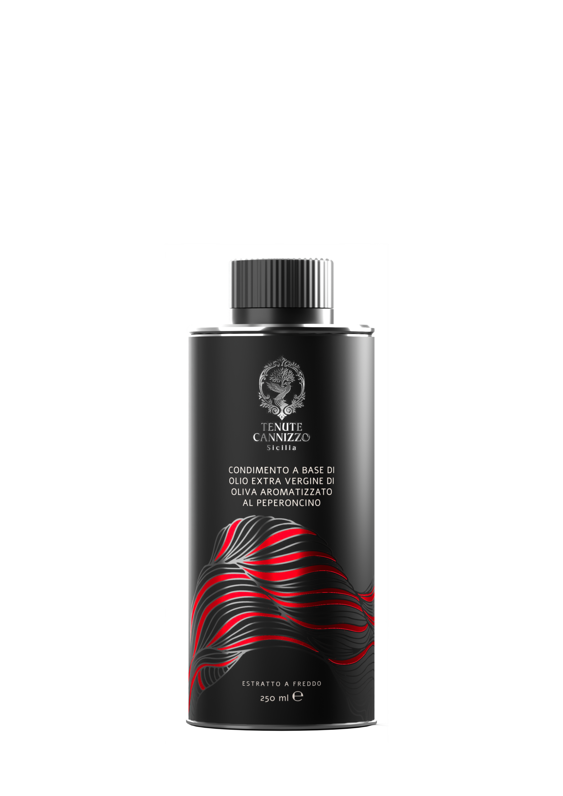 Bottiglia da 250 ml di condimento a base di olio extravergine di oliva aromatizzato al peperoncino Tenute Cannizzo.