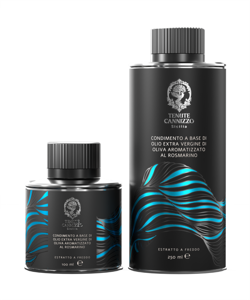 Lattine da 10 cl e 25 cl di condimento a base di olio extravergine di oliva aromatizzato al rosmarino Tenute Cannizzo.