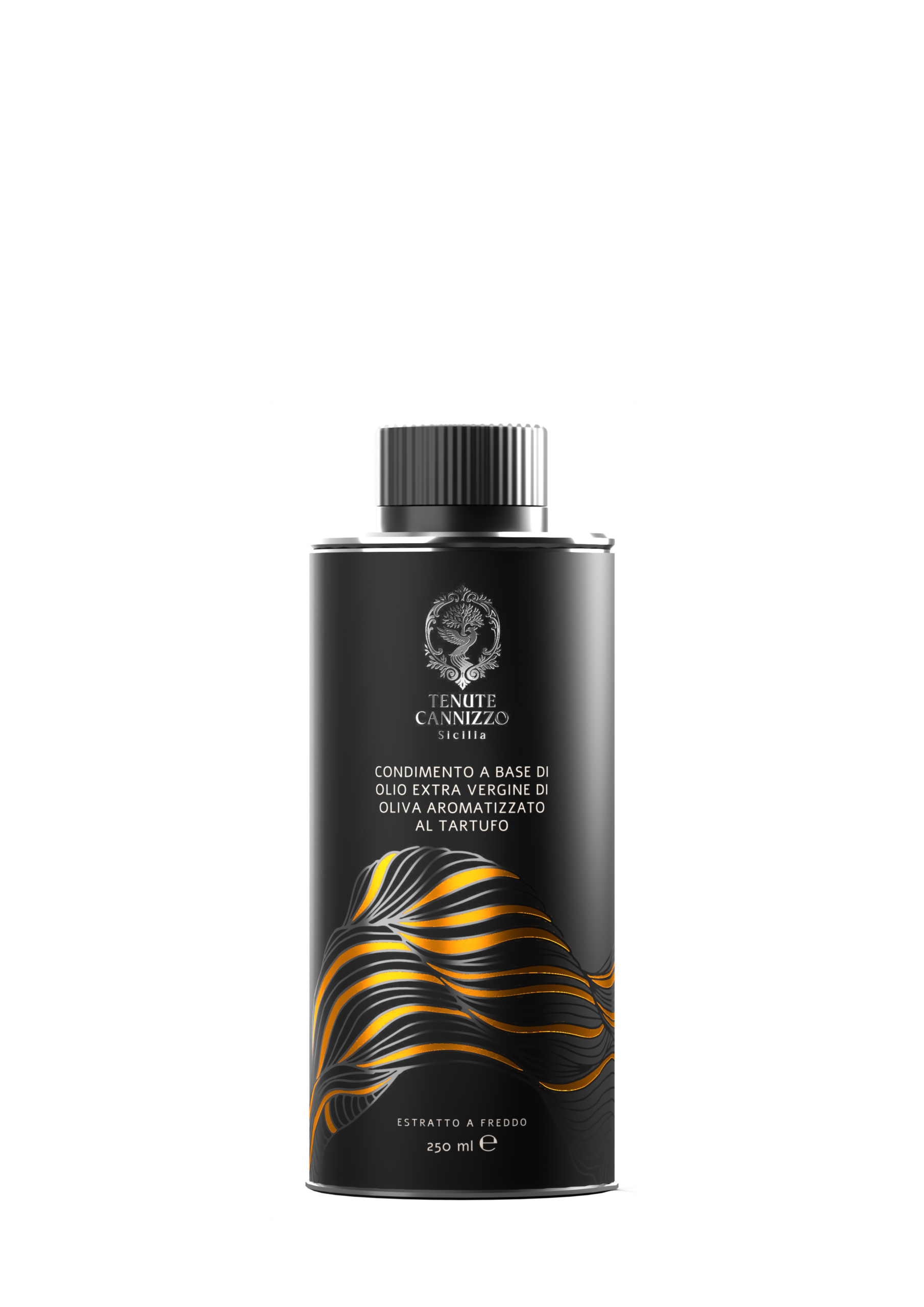 Bottiglia da 250 ml di condimento a base di olio extravergine di oliva aromatizzato al tartufo Tenute Cannizzo.