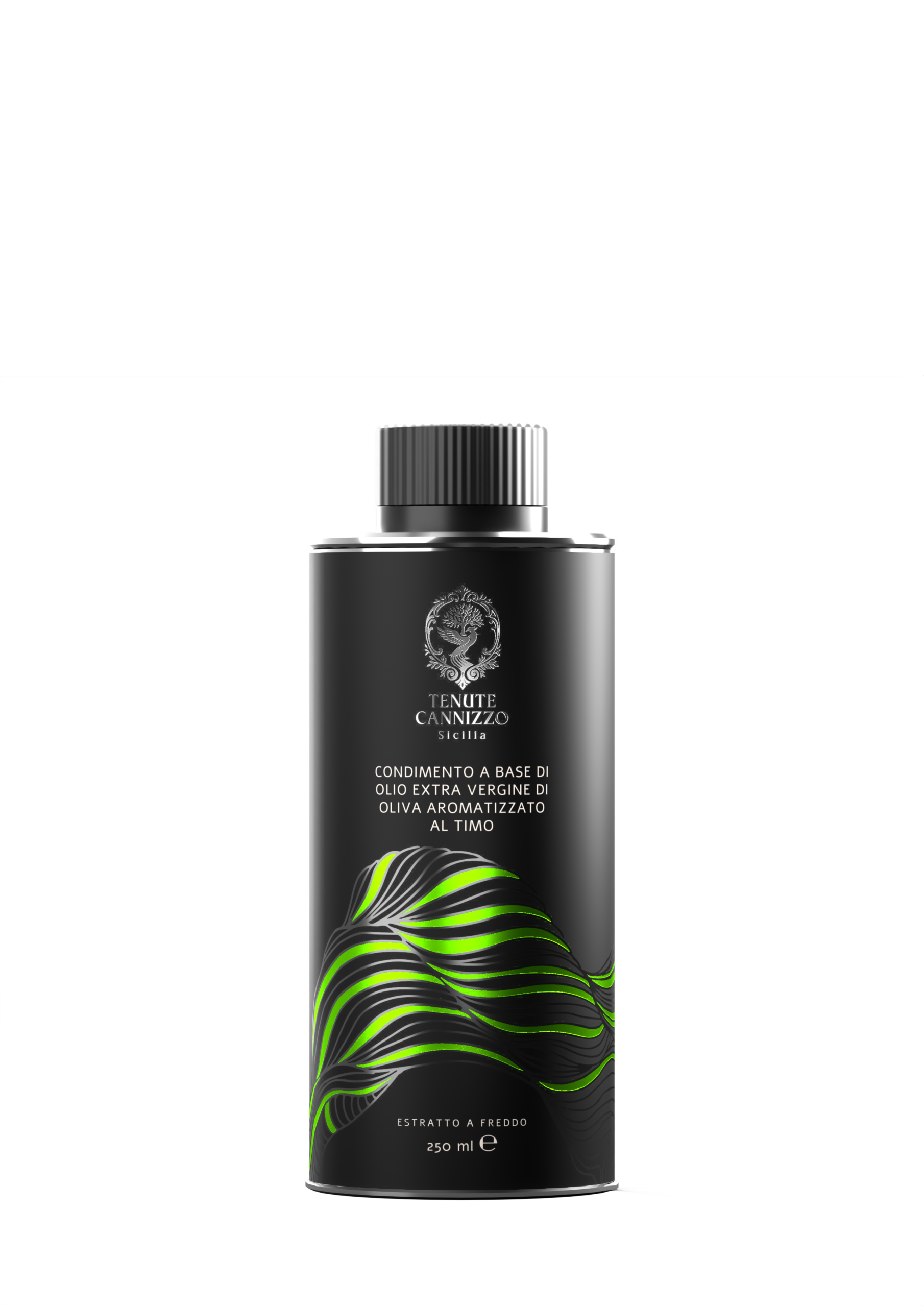 Bottiglia da 250 ml di condimento a base di olio extravergine di oliva aromatizzato al timo Tenute Cannizzo.