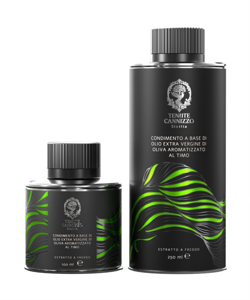 Lattine da 10 cl e 25 cl di condimento a base di olio extravergine di oliva aromatizzato al timo Tenute Cannizzo.