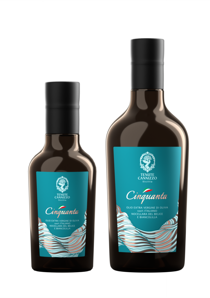 Bottiglie di Olio Extra Vergine di Oliva Cinquanta Tenute Cannizzo da 25 cl e 50 cl, 100% italiano, Nocellara del Belice e Biancolilla